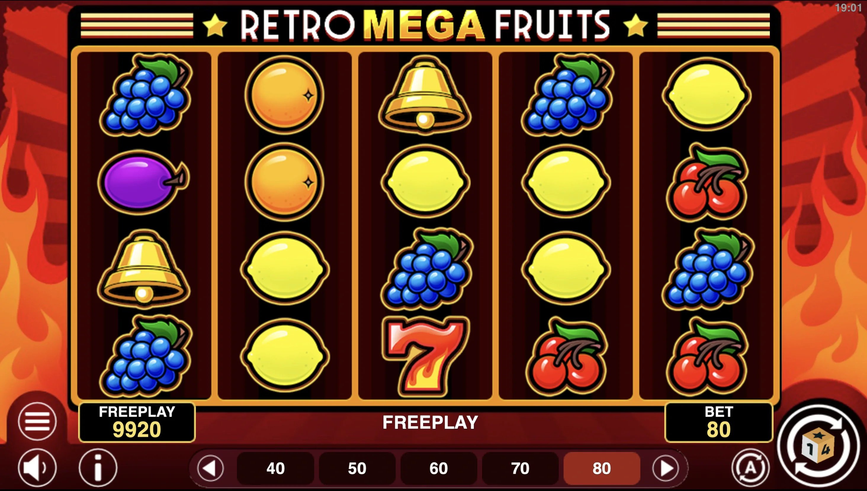Real Retro Mega Fruits gameplay frame 1 showing the 5x4 reel screen