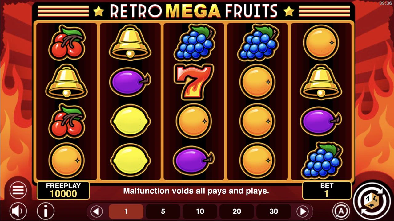 Real Retro Mega Fruits gameplay frame 6 showing the 5x4 reel screen
