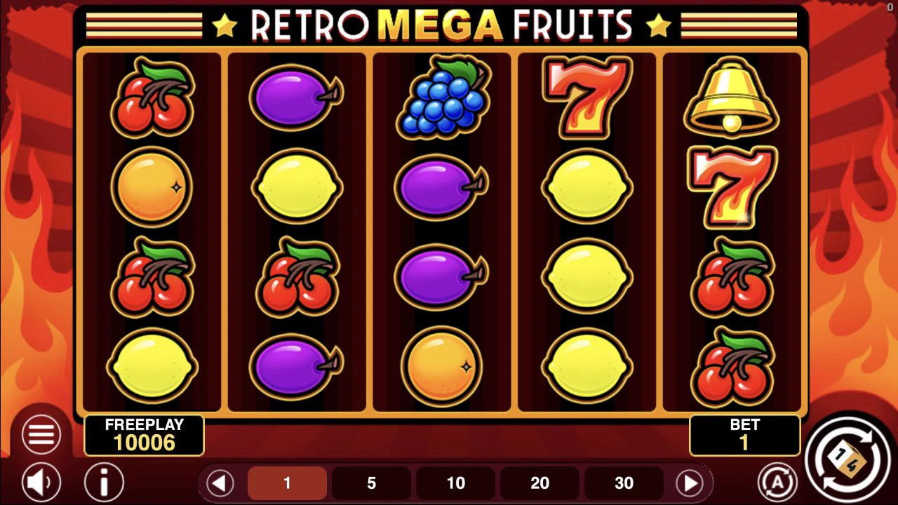 Real Retro Mega Fruits gameplay frame 8 showing the 5x4 reel screen